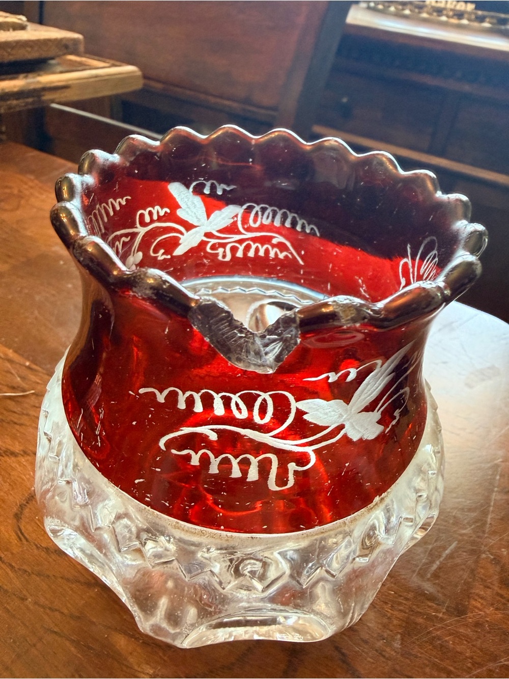 Vintage 1893 World Fair Ruby Red and Clear Etched Glass Votive / Candy Dish - Picture 6 of 6